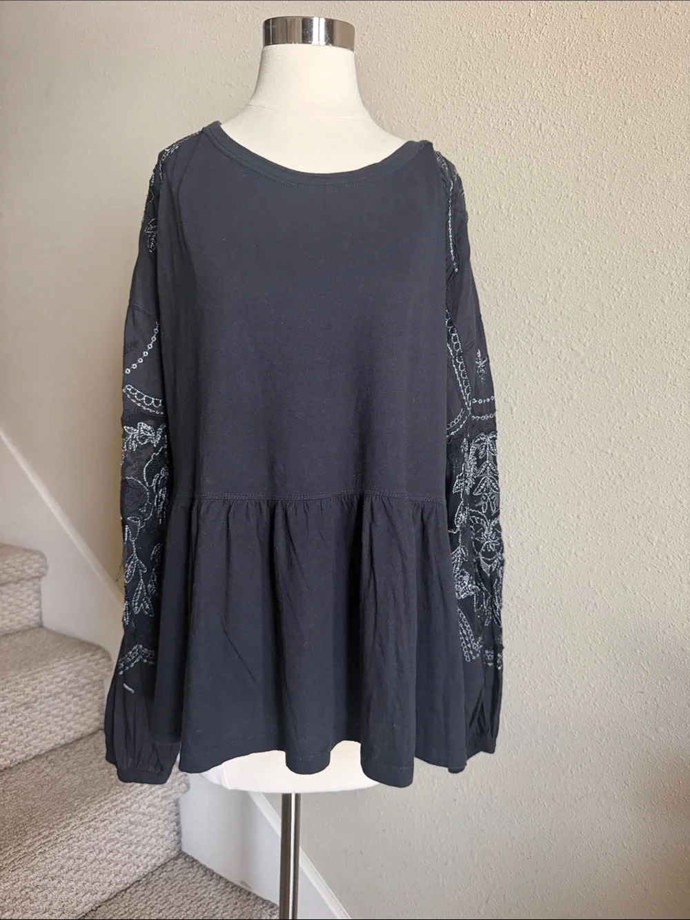 Free People Sz L Black Penny Peplum Long-Sleeve Top with Embroidered Sleeves